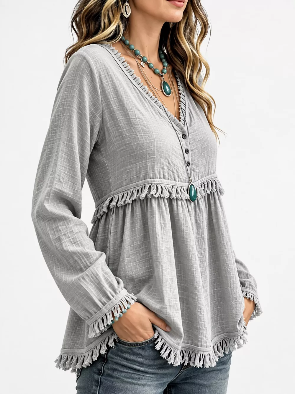 Full Size Fringed Trim V-Neck Long Sleeve Blouse Plus Size, image 60