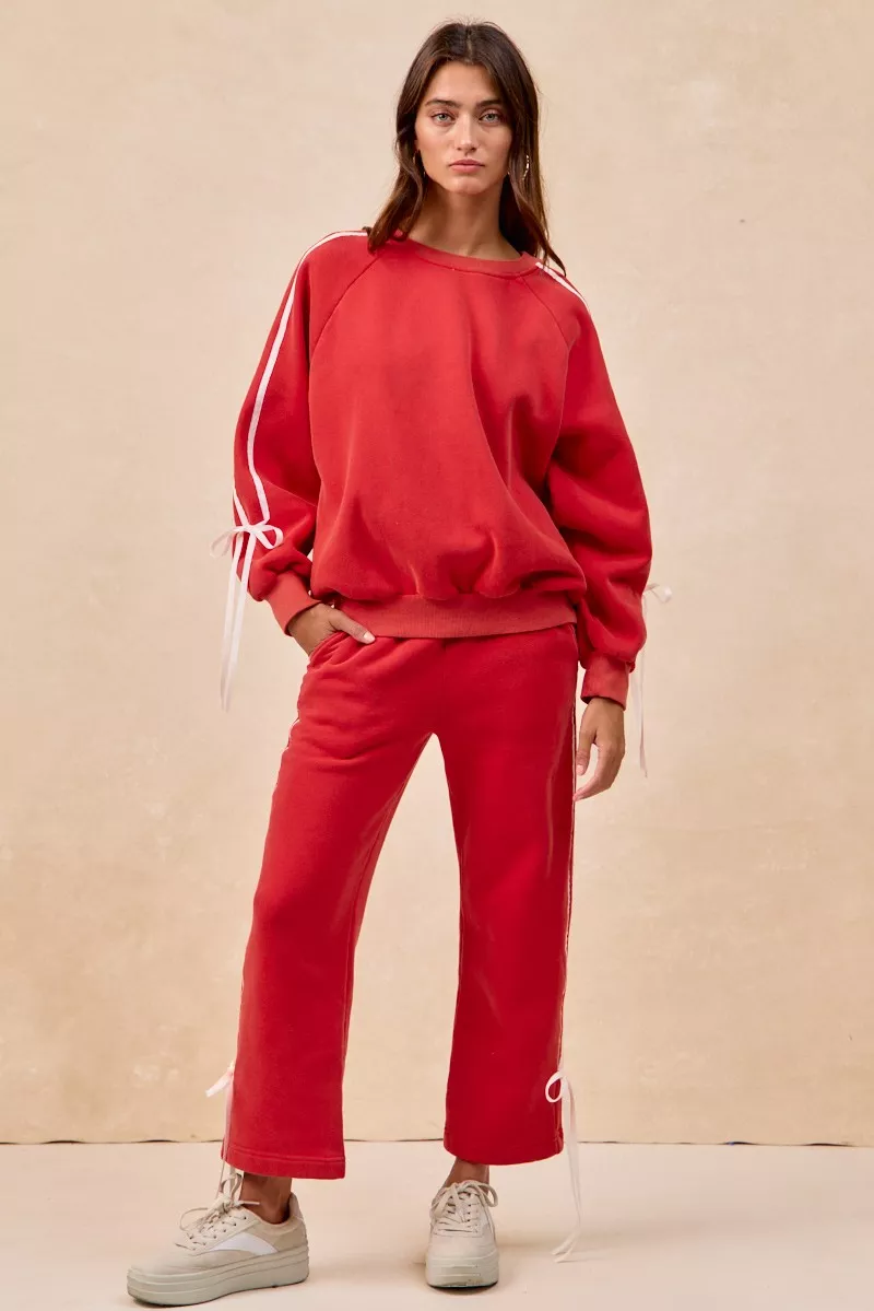 Side Lined Bow Details Fleece Sweatshirt, image 7