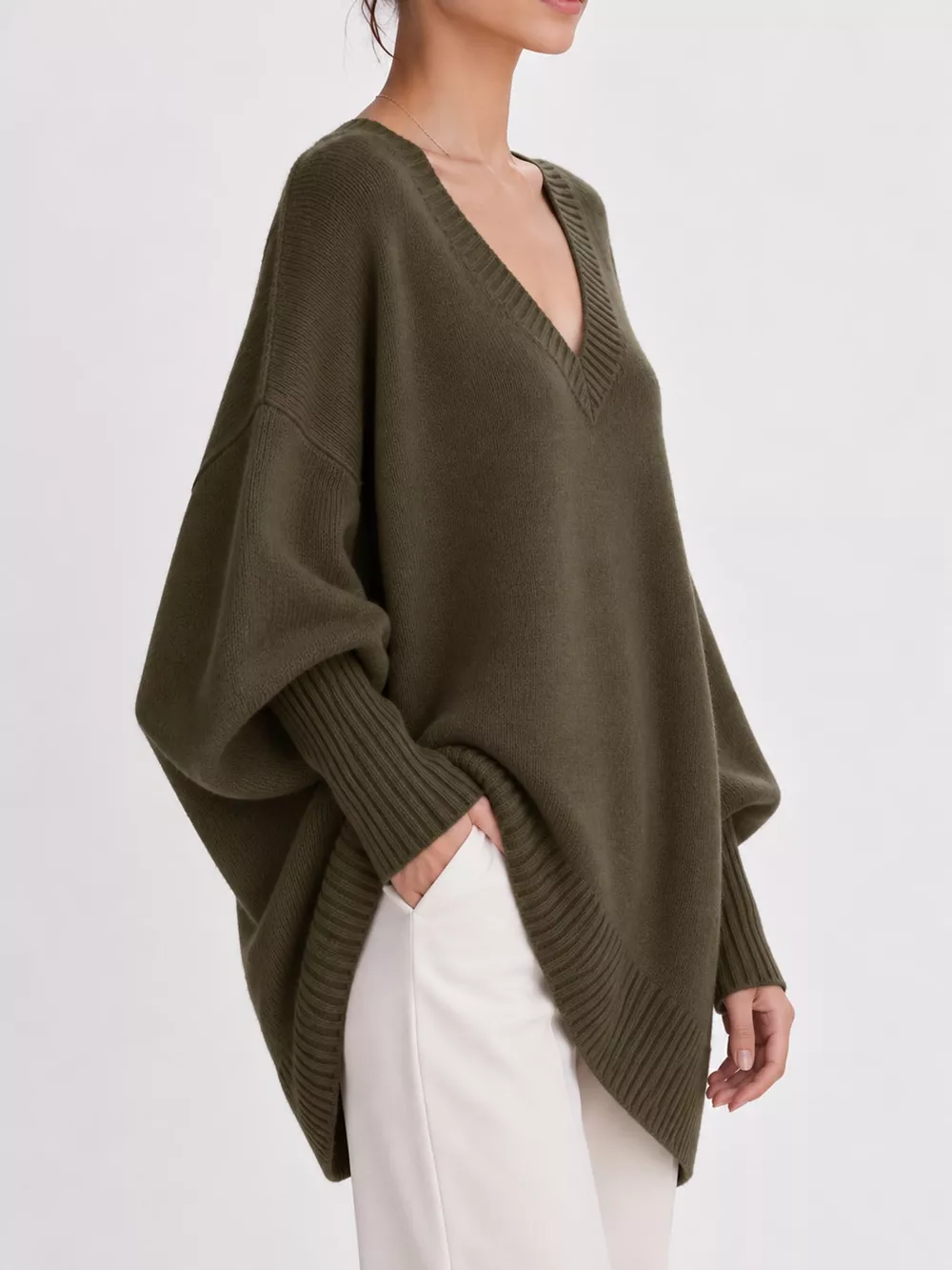 Full Size V-Neck Oversized Batwing Sleeve Sweater Plus Size, image 22