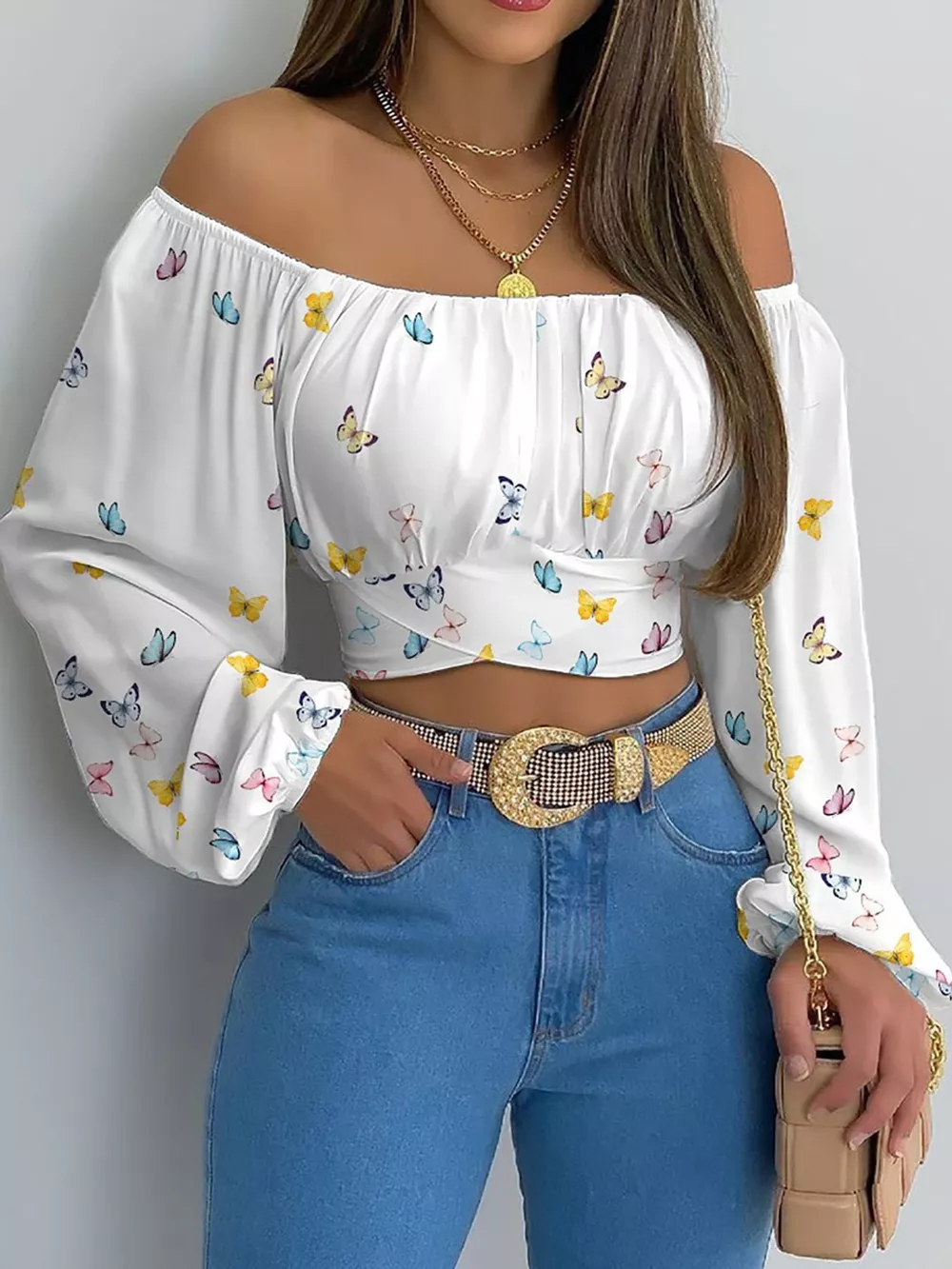 Off-Shoulder Long Sleeve Cropped Blouse, image 34