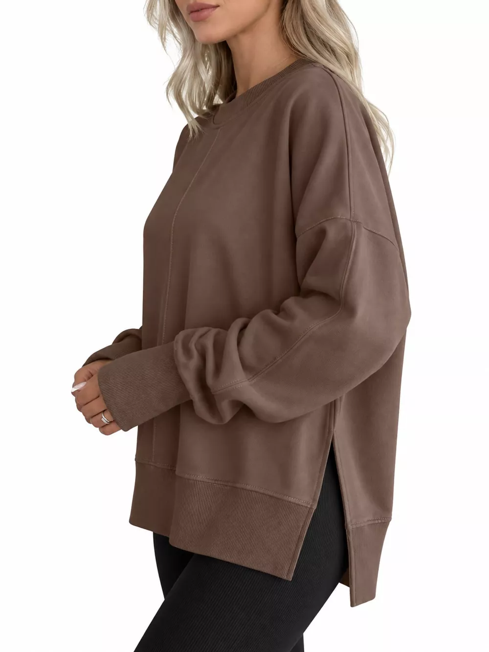 Oversized Crew Neck Sweatshirt with Side Slit, image 22