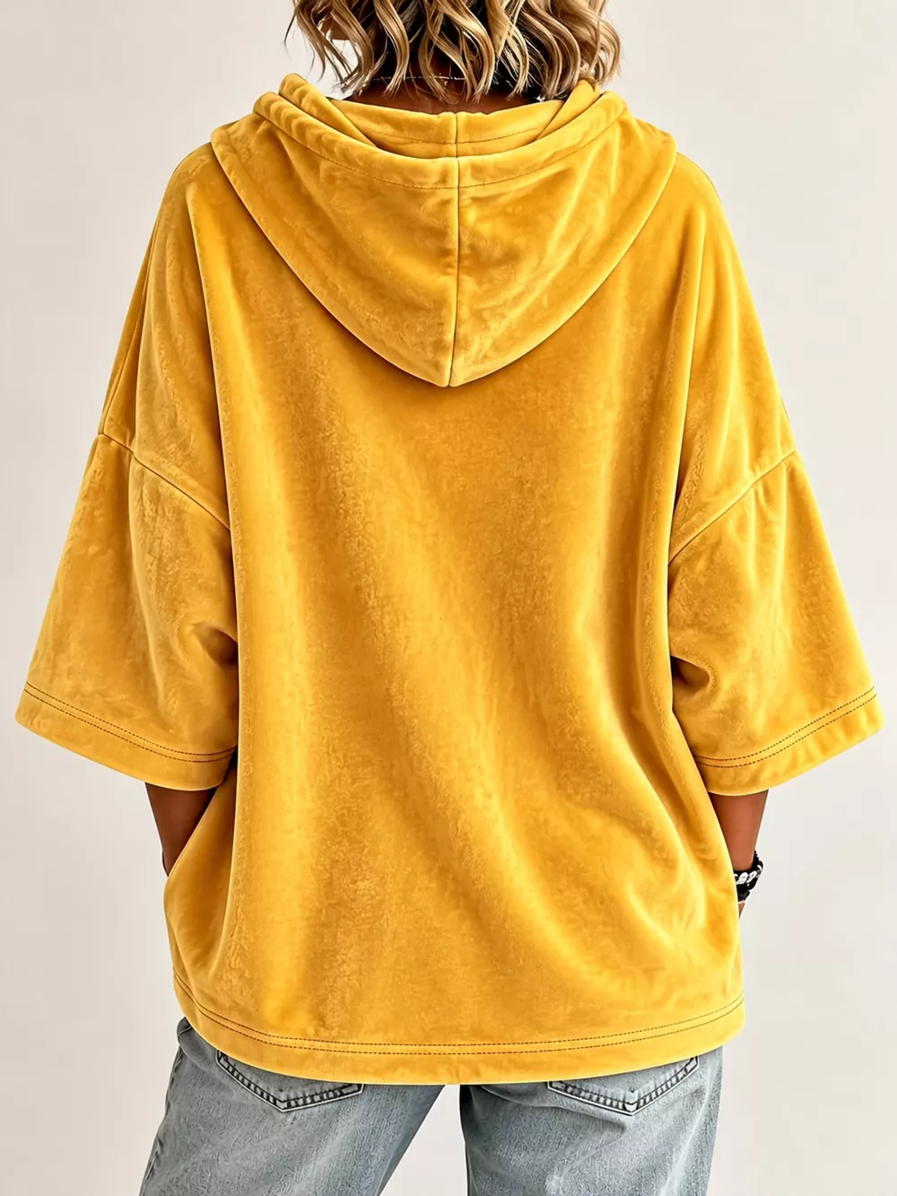 Full Size Velvet Half Sleeve Hoodie with Drawstring Plus Size, image 13