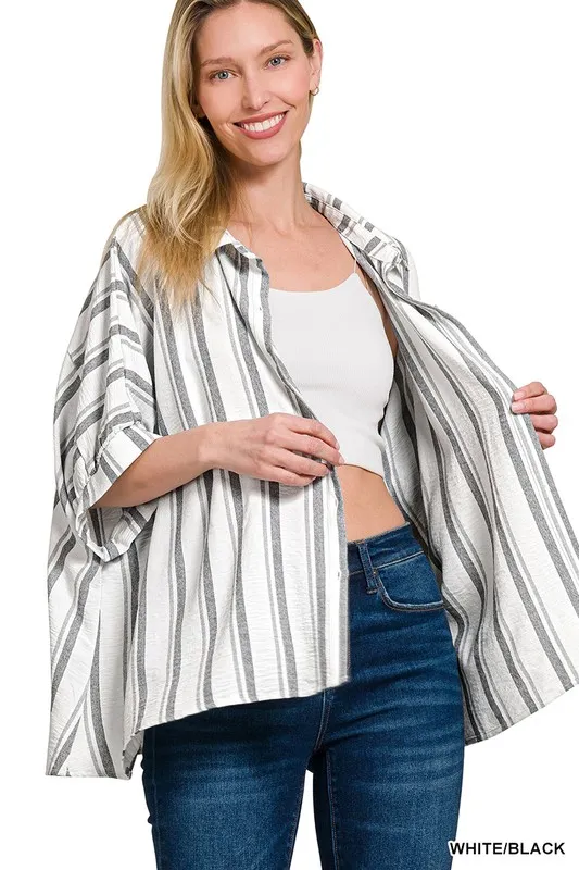 Woven Yarn-Dye Stripe Oversized Button Down Shirt, image 2
