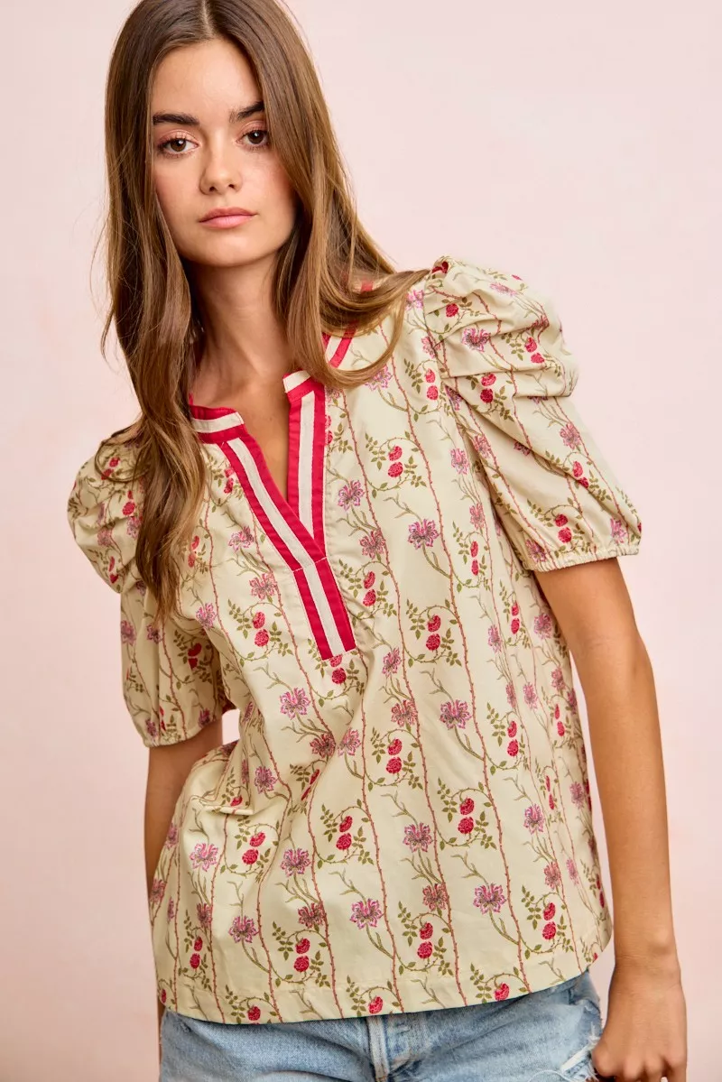 Floral Gather Sleeves Contrast Neckband Blouse Top, image 12