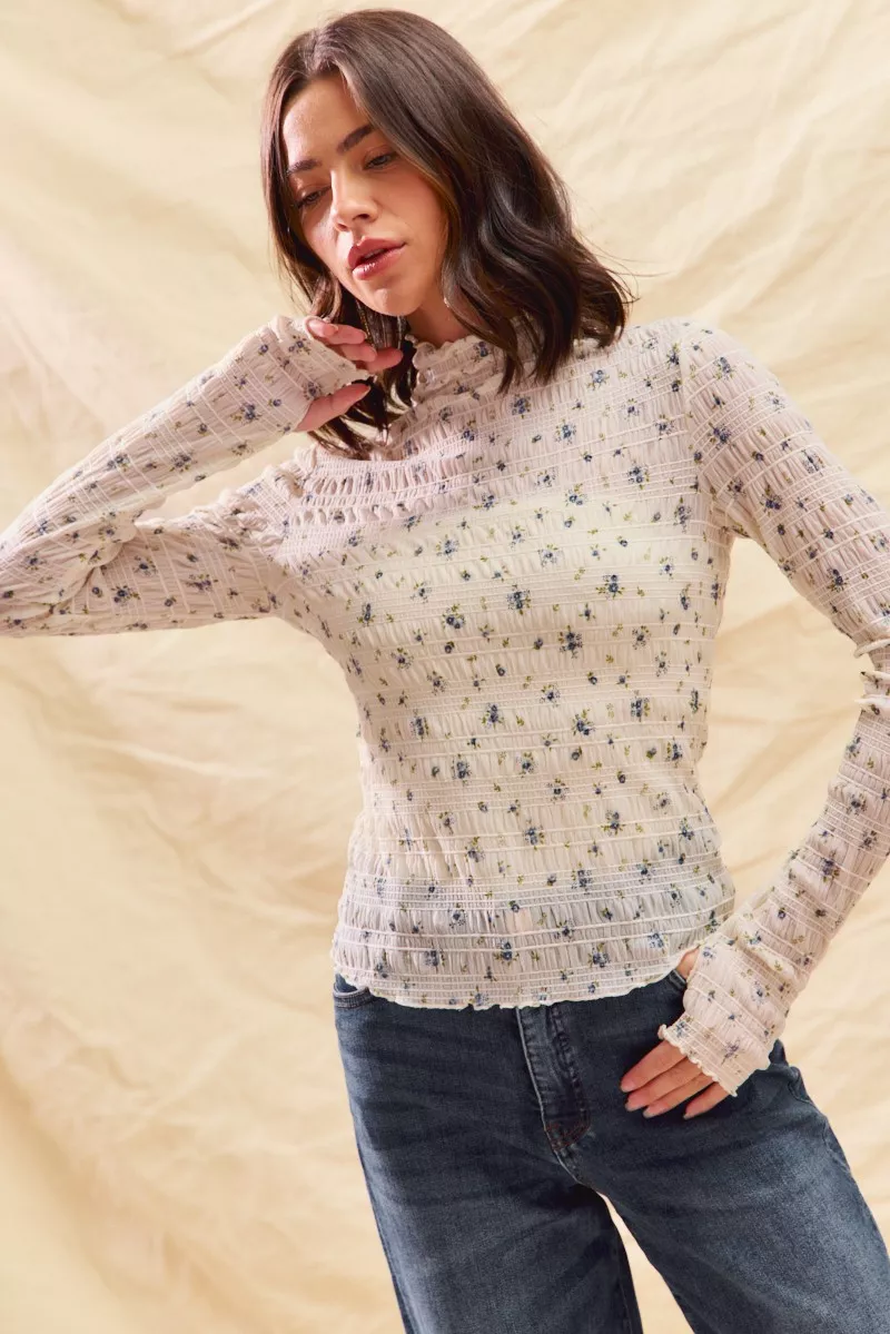 Floral Print Textured Long Sleeve Knit Top, image 12