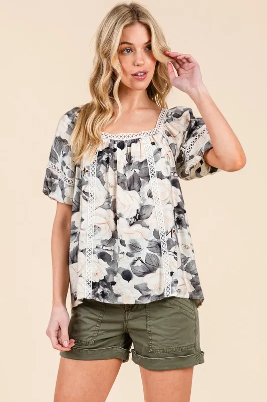 Floral Print Lace Trim Puff Sleeve Blouse, image 11