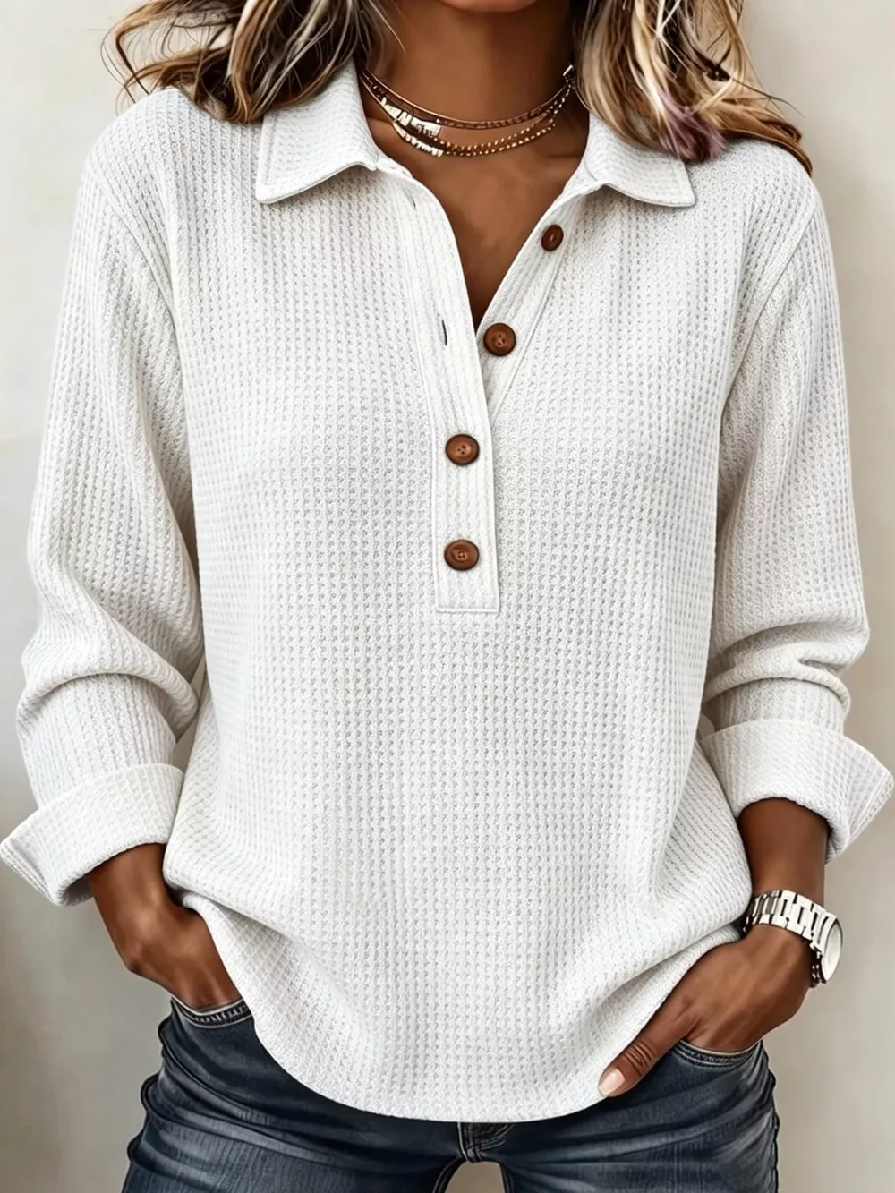 Full Size Waffle Knit Long Sleeve Polo Top Plus Size, image 20