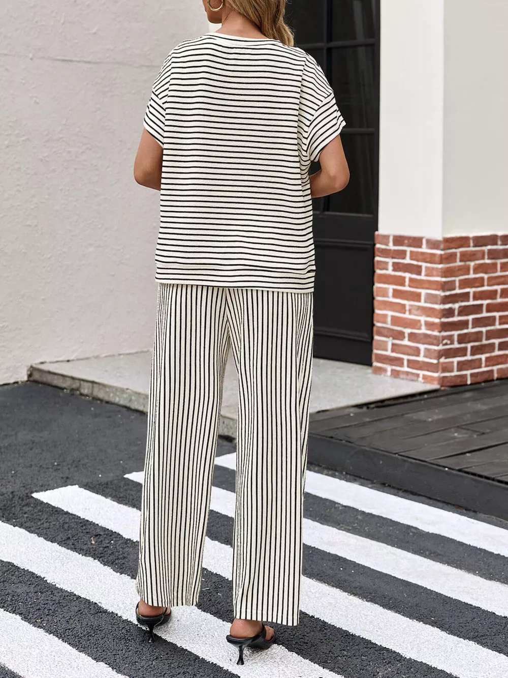Casual Striped Short Sleeve Top and Wide Leg Pants Two-Piece Set, image 4