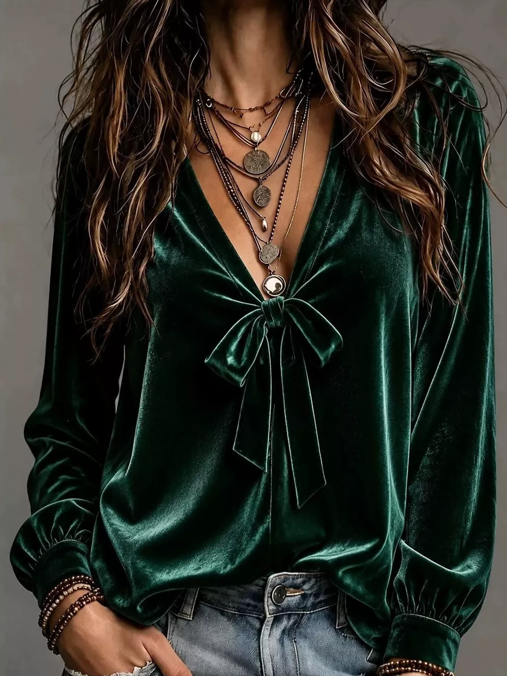 Front Bow Tie Detail V-Neck Top, image 7