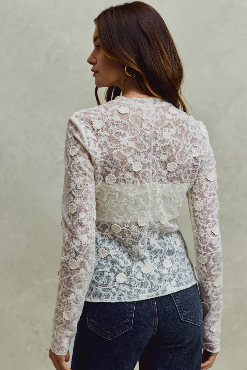 Lace Long Sleeve 3d Effect Floral Layering Top, image 13