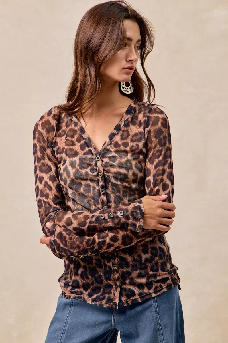 Leopard Printed Mesh Shirt With Button Up V Neck, image 4