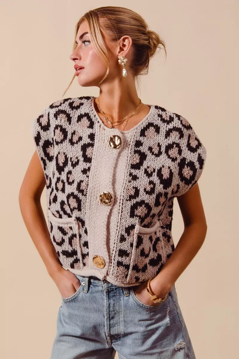 Big Metal Button Front Leopard Sweater Vest Top, image 9