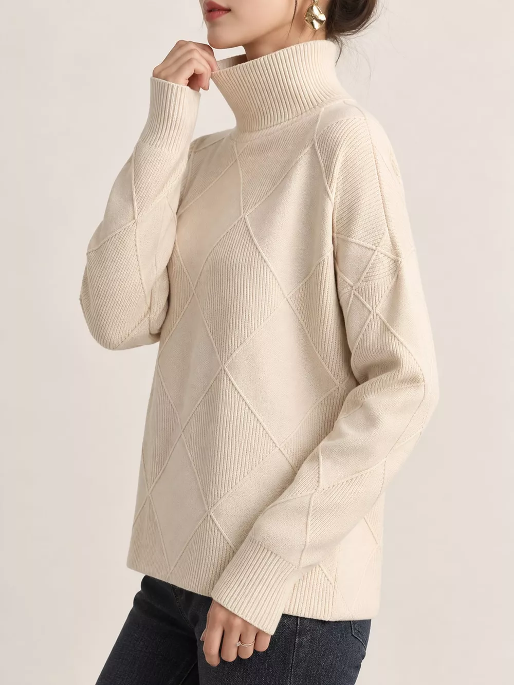 Full Size Diamond Pattern Turtleneck Sweater Plus Size, image 26