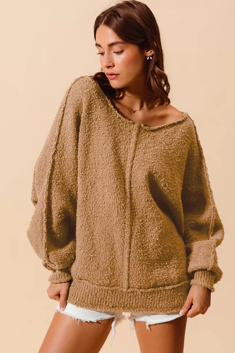 Loose Fit Exposed Seam Slouchy Boucle Sweater, image 6