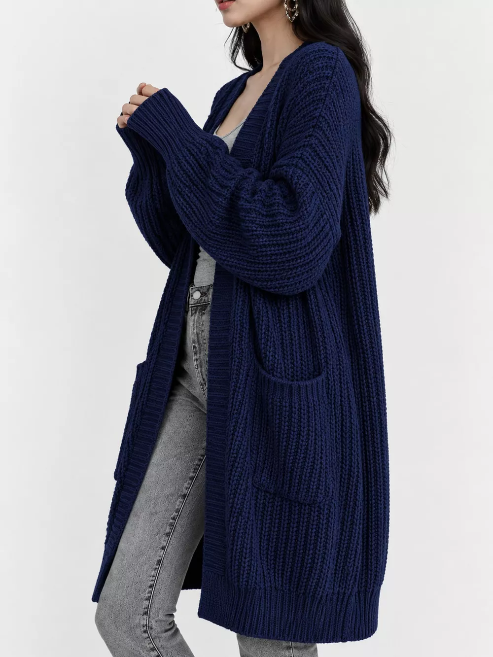 Full Size Chunky Knit Openwork Front Longline Cardigan Plus Size, image 29