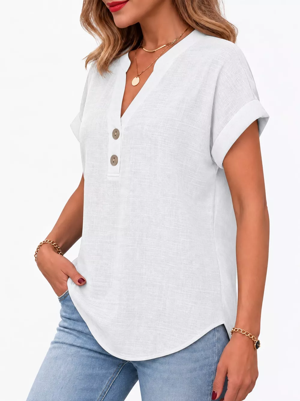 Full Size Button Detail Short Sleeve Blouse Plus Size, image 47