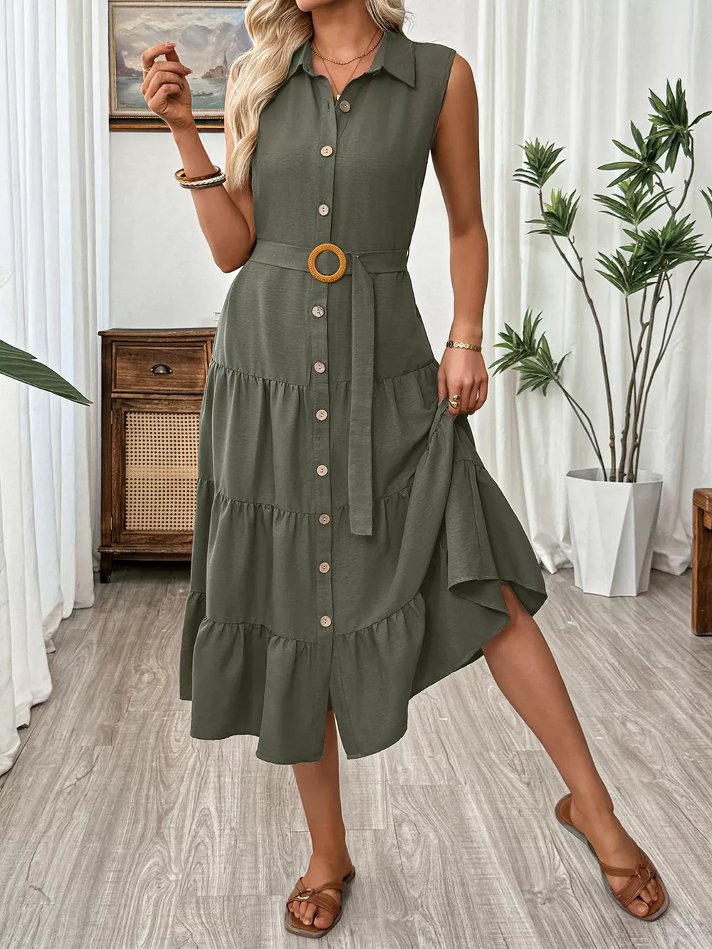 Sleeveless Button-Down Tiered Midi Dress, image 9