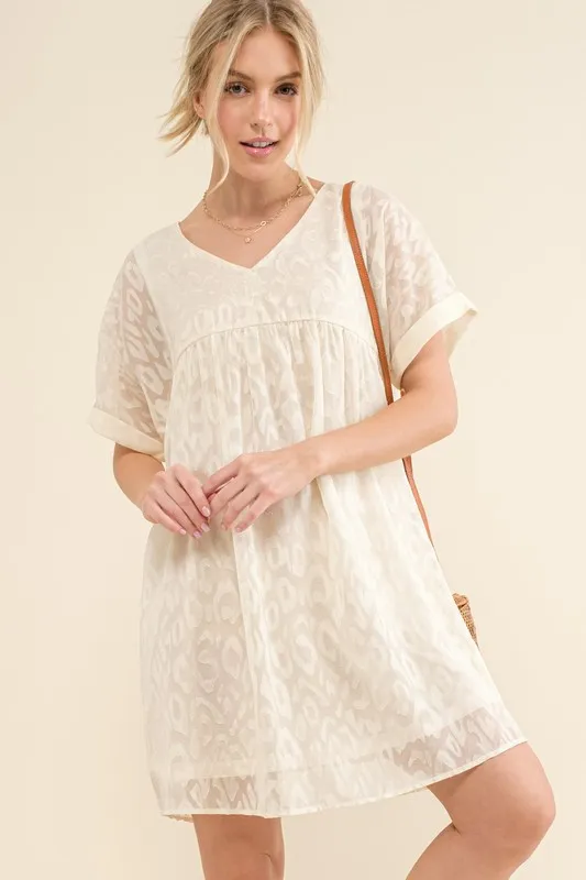 Woven Leopard Baby Doll Roll-Sleeve Casual Dress