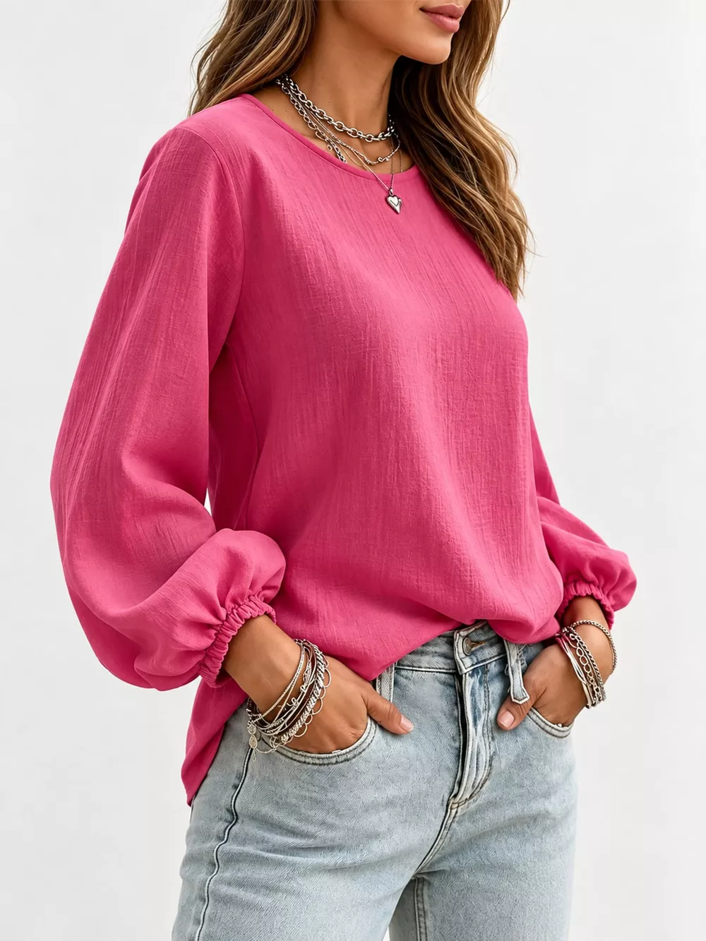 Full Size Elasticated Cuffs Long Sleeve Blouse Plus Size, image 11
