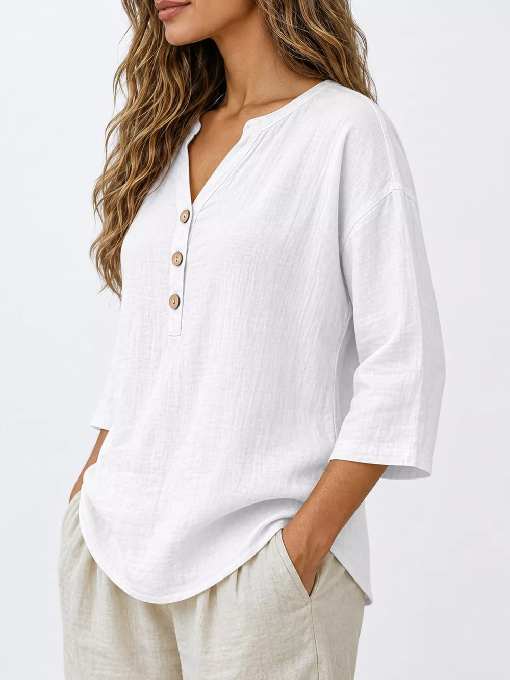 Full Size Button Detail Notched 3/4 Sleeve Blouse Plus Size, image 29