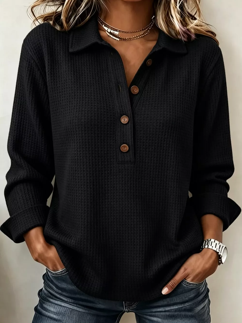 Full Size Waffle Knit Long Sleeve Polo Top Plus Size, image 16