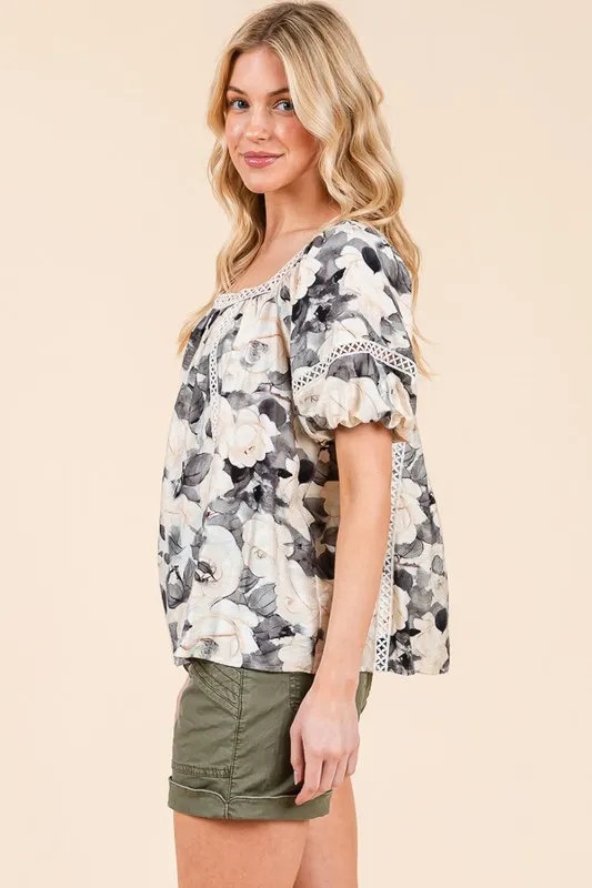 Floral Print Lace Trim Puff Sleeve Blouse, image 12