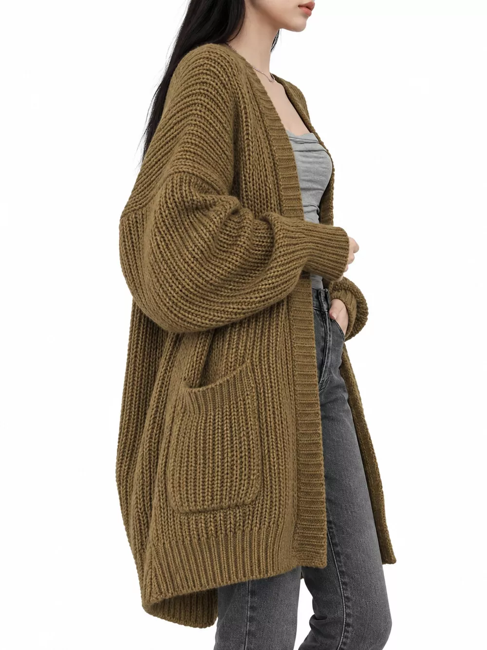 Full Size Chunky Knit Openwork Front Longline Cardigan Plus Size, image 18
