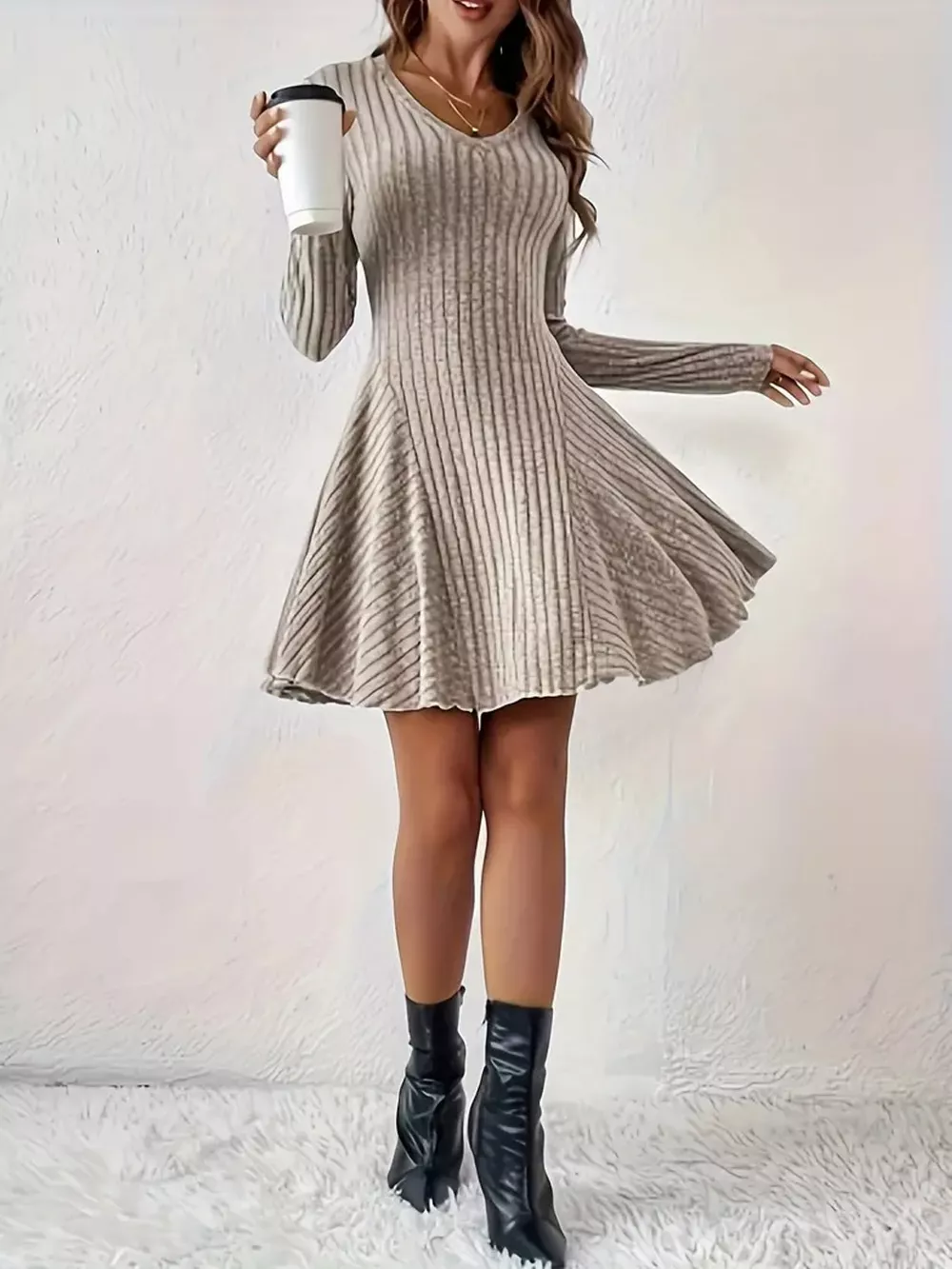 V-Neck Ribbed Knit A-Line Dress, image 11
