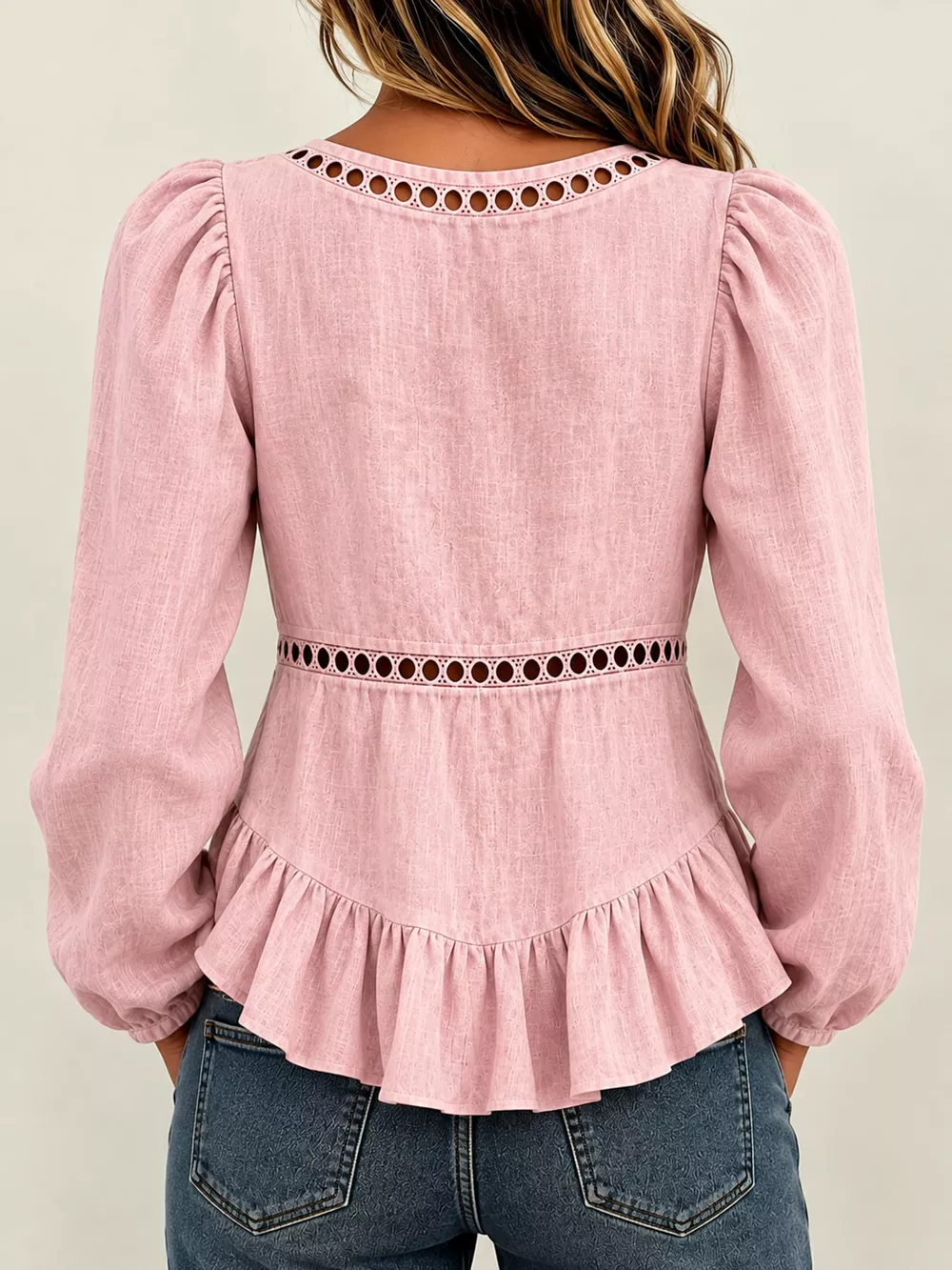 Long Sleeve Blouse with Eyelet Lace Trim and Ruffled Hem, image 3