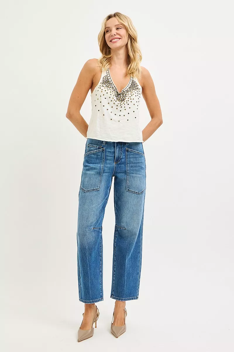 4 Way Stretch Mid Rise Barrel Jeans with Patch Pocket Detail, image 5
