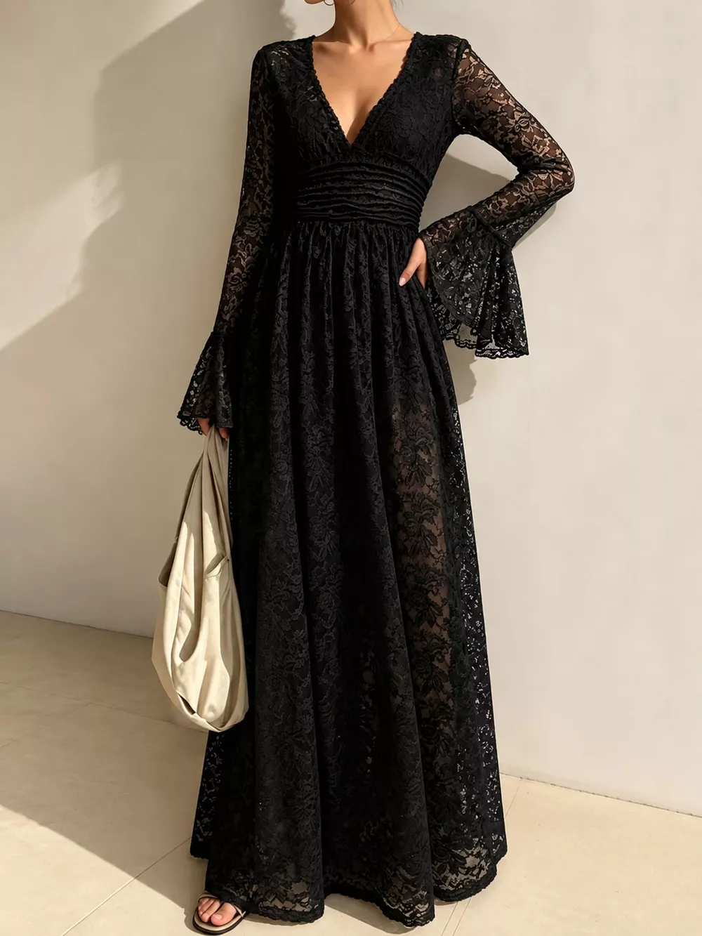V-Neck Lace Flare Sleeve Maxi Dress, image 4
