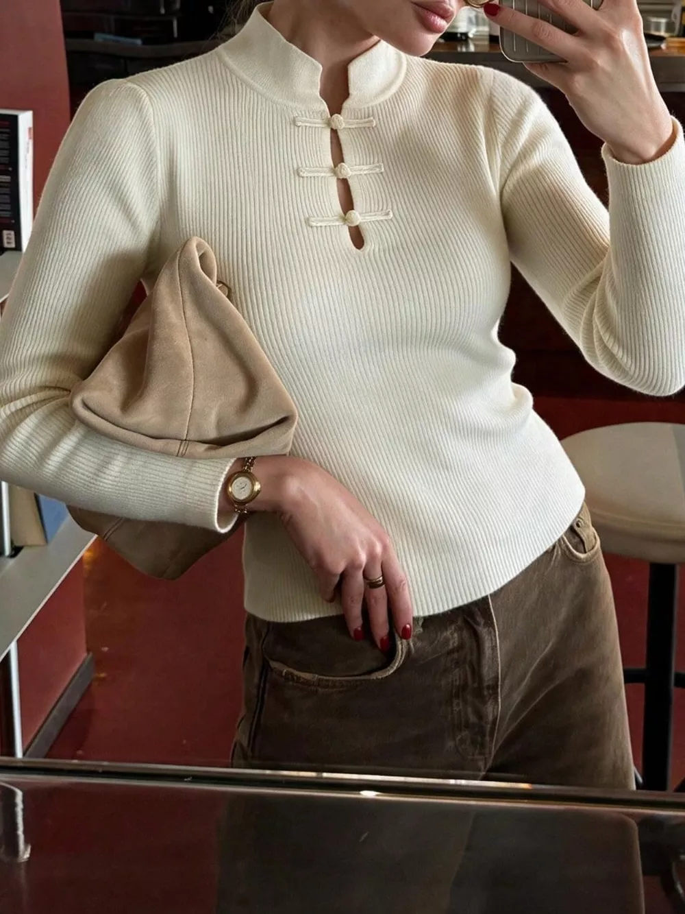 Chinese-Style Button Ribbed Knit Top, image 2