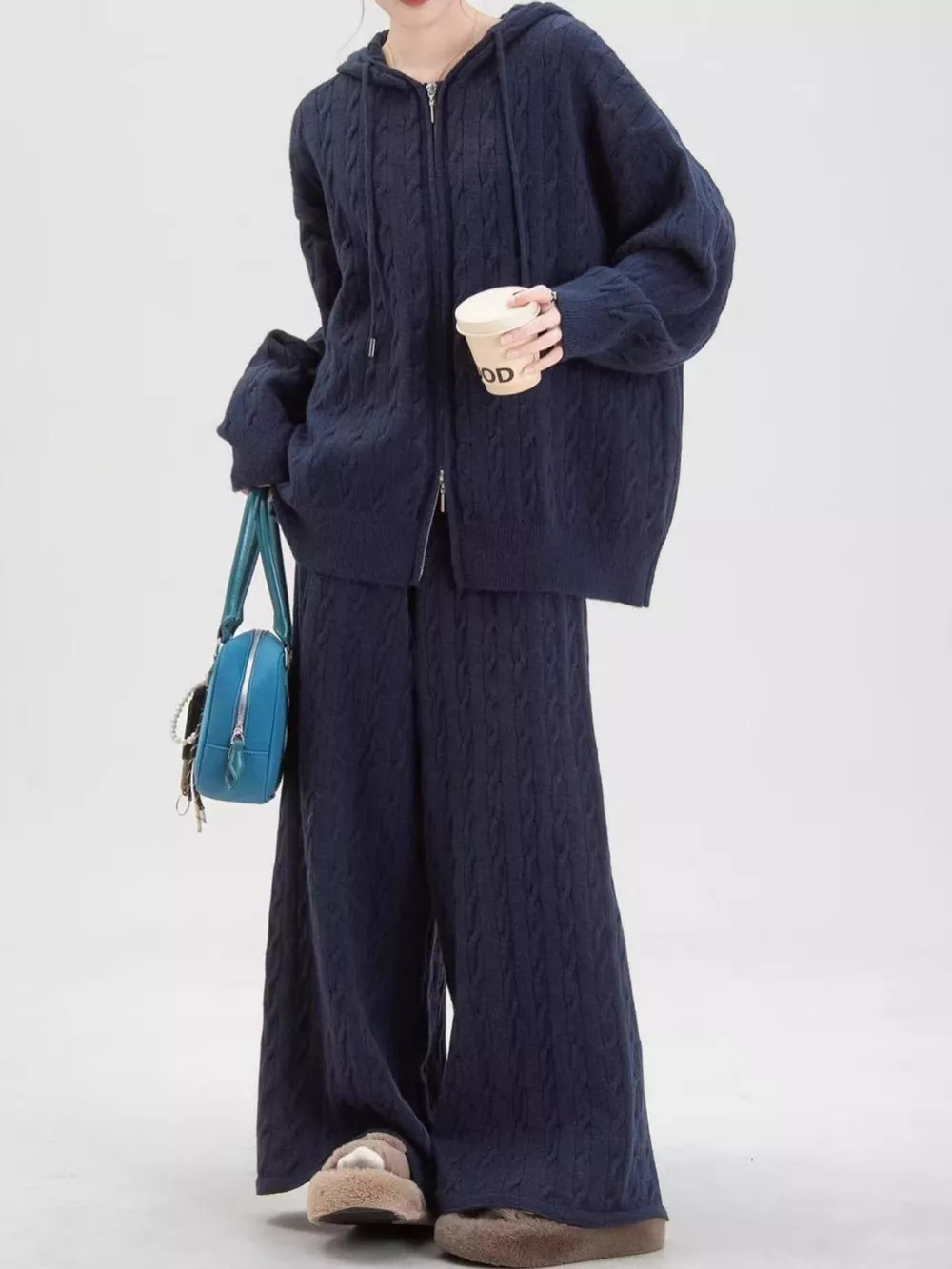Cable Knit Zip-Up Hooded Cardigan and Wide-Leg Pants Sweater Set, image 15