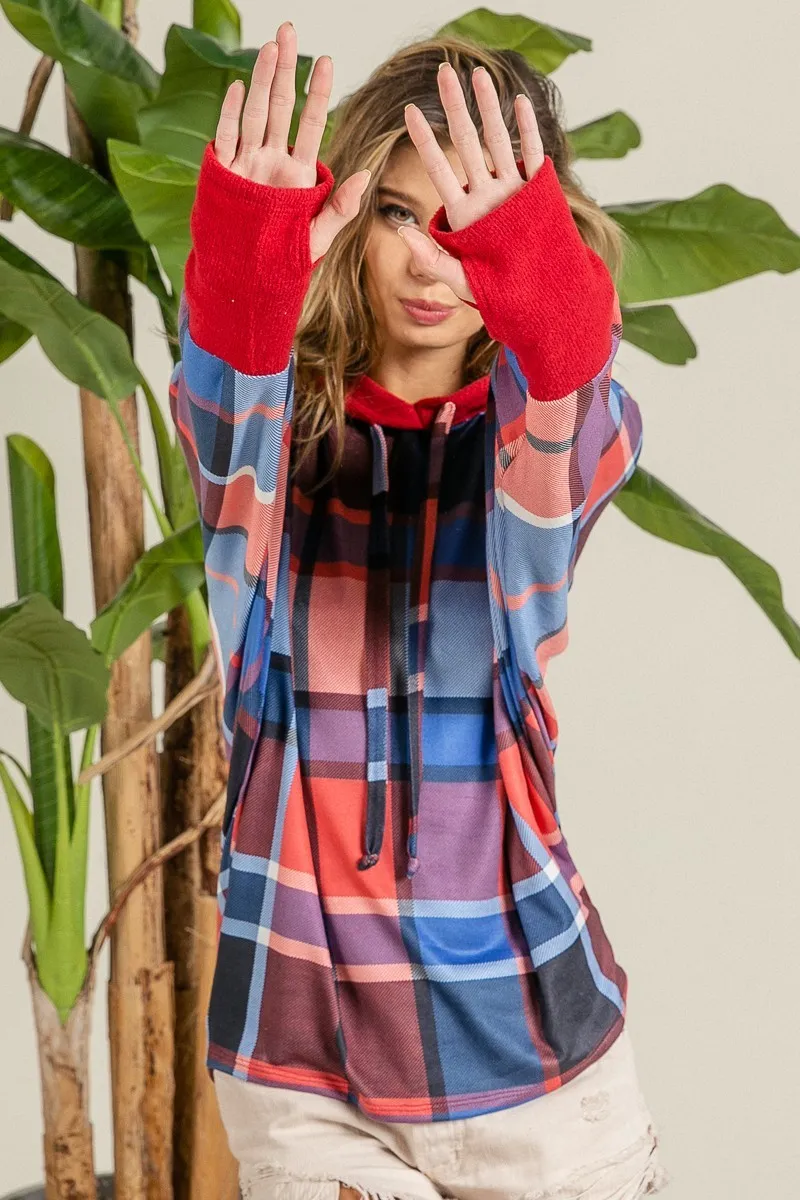 Plaid Mirr Brushed Rib Contrast Thumb Open Hoodie, image 4