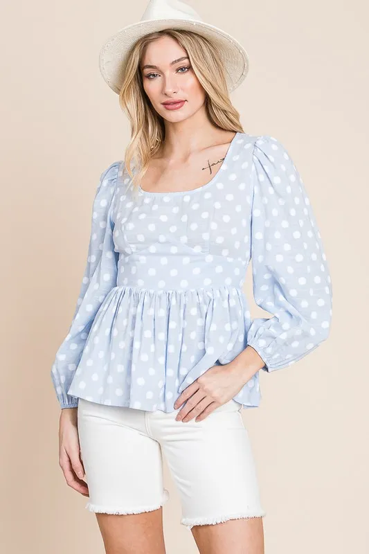 Polka Dot Print Balloon Sleeve Babydoll Peplum Top
