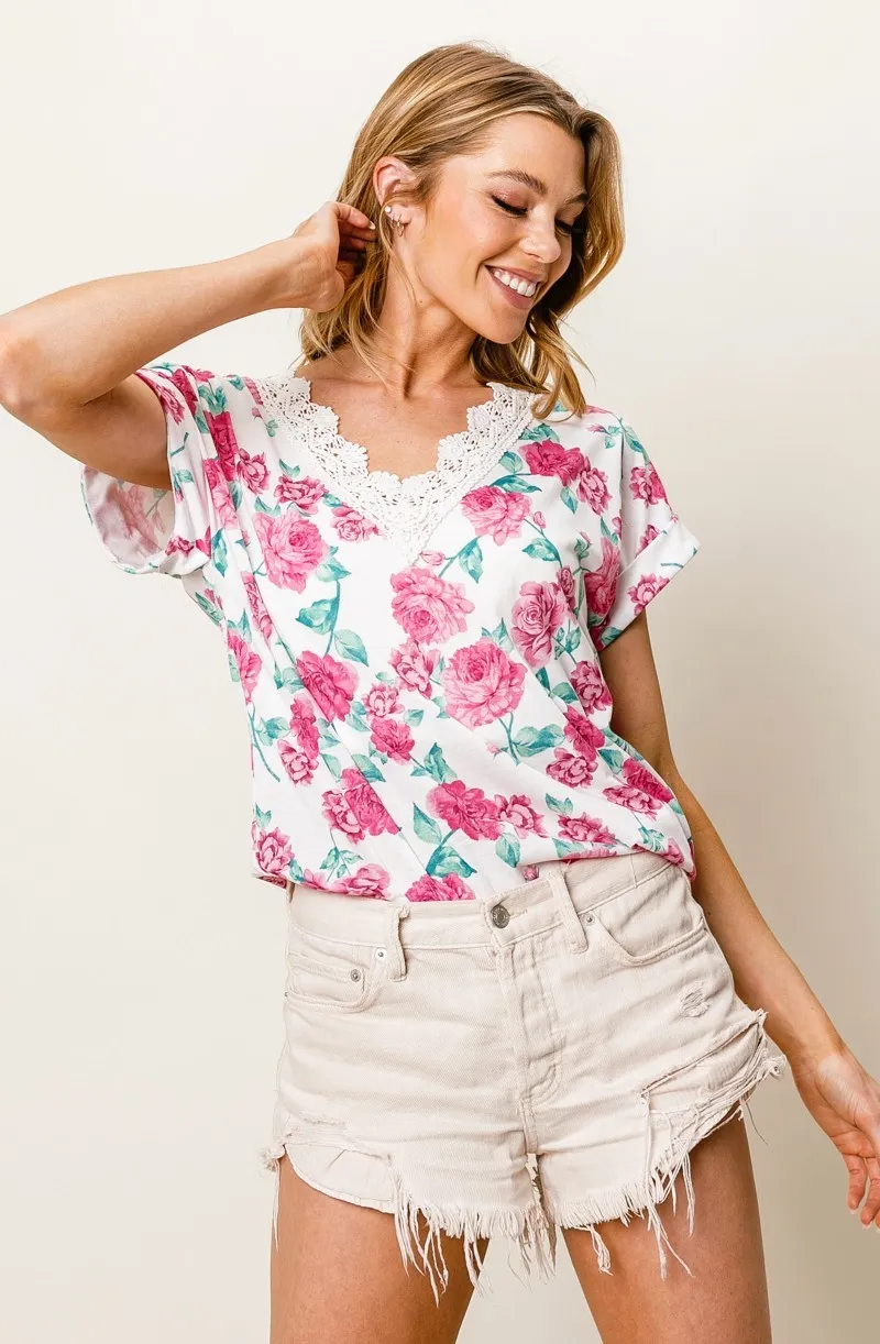 Rose Printed Poly Span with Crochet Lace Top, image 6