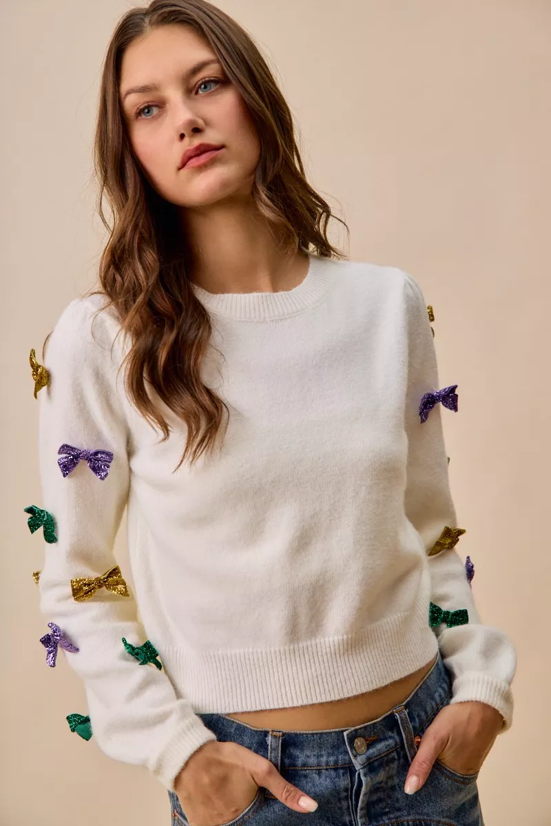 Mardi Gras Glitter Bow Ribbon Sweater Knit Top, image 30