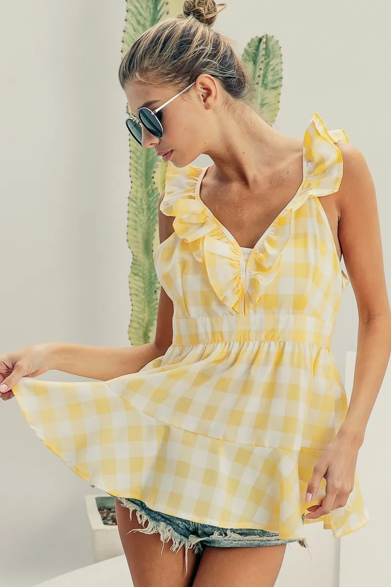Ruffled Neckline Sleeveless Check Plaid Peplum Top, image 4