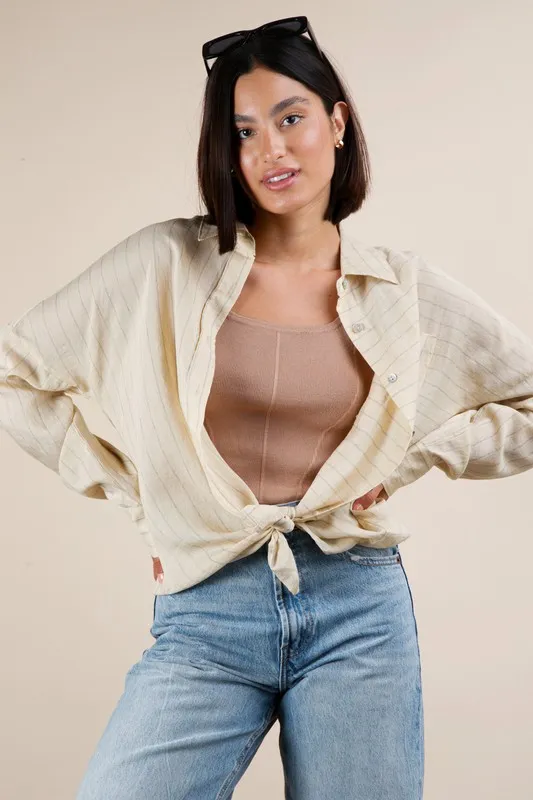 Full Size Oversized Striped Button Down Shirt Top Plus Size
