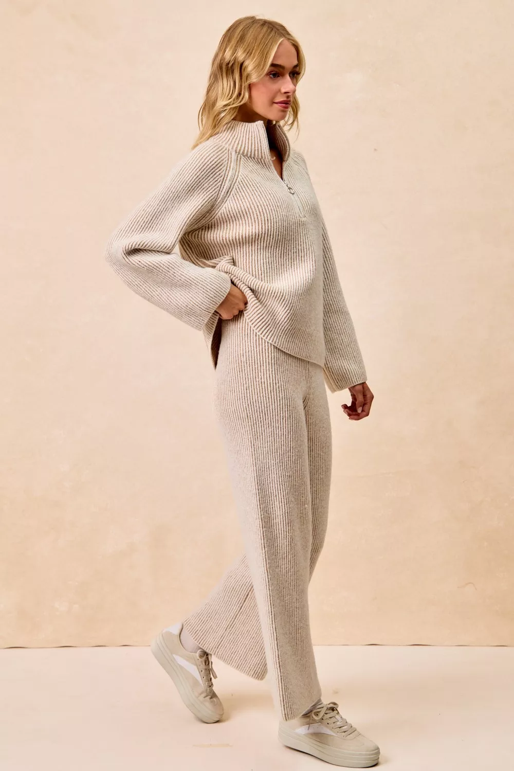 Two Tone Rib Texured Knit Collared Top with Zip Up, image 25
