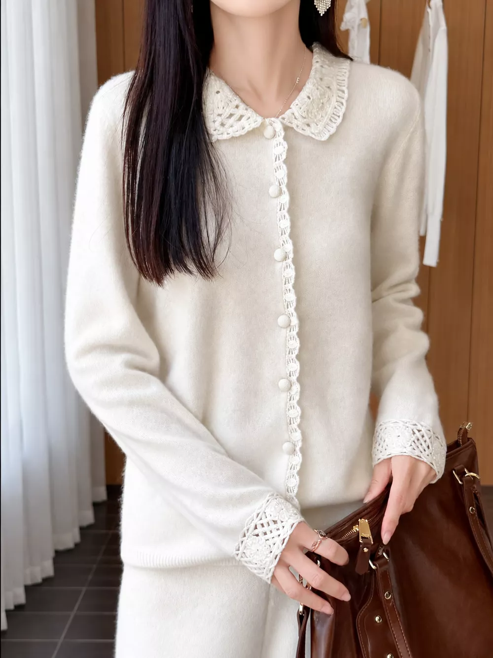 Lace-Collar Button Down Knit Cardigan, image 18