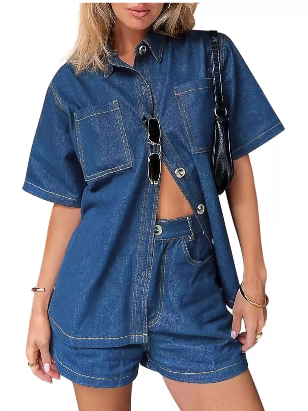 Button Up Denim Shirt and Shorts Set, image 4