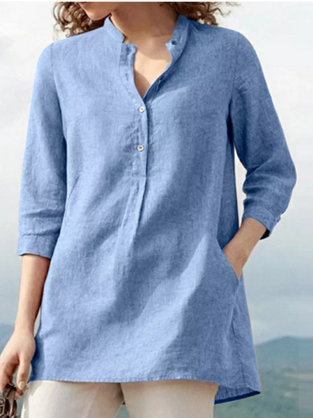 Full Size Button Detail 3/4 Sleeve Blouse Plus Size, image 20