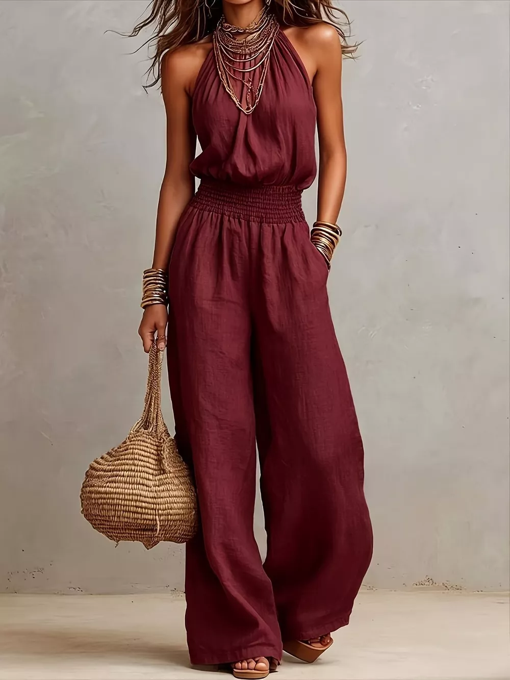 Smocked Halter Neck Wide-Leg Jumpsuit, image 6