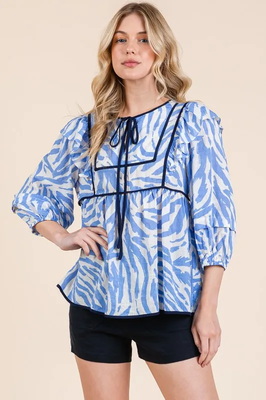 Graphic Print Solid Trim Quarter Sleeve Blouse, image 9