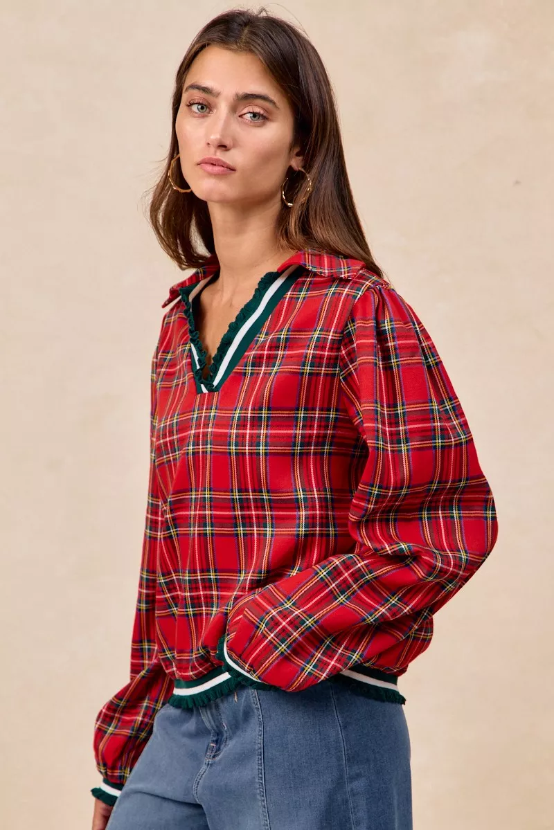 Christmas Plaid Collared Top with Ruffled Detail, image 10