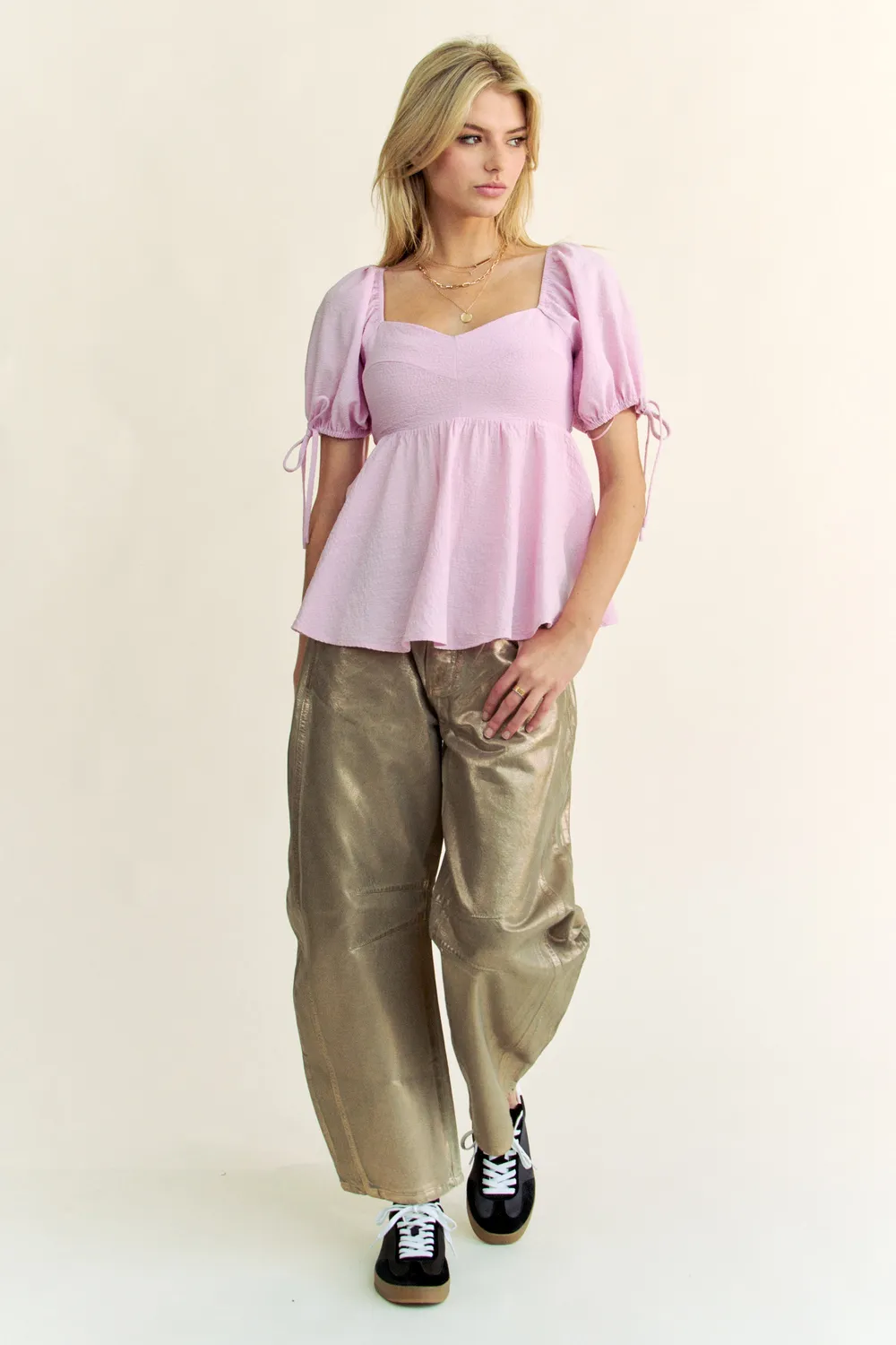 Solid Elastic Peplum Puffed Sleeves Blouse, image 8