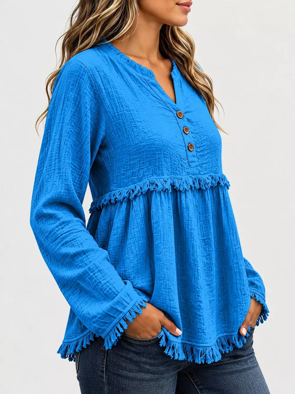 Full Size Frayed Hem Button Detail Blouse Plus Size, image 2