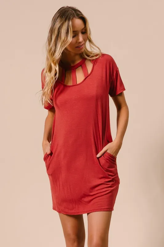 Front Cutout Mini Tee Dress with Pockets, image 7