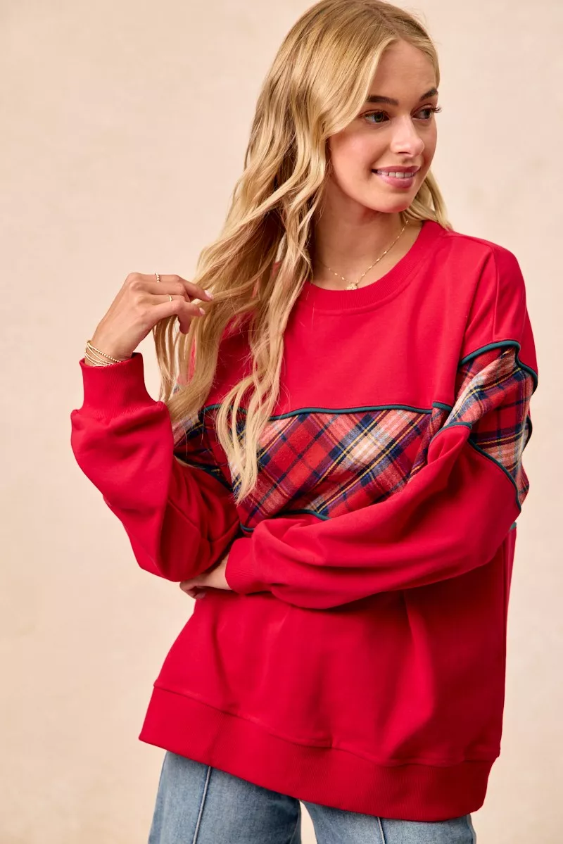 Christmas Theme Plaid Block Sweatshirt with Binding, image 4